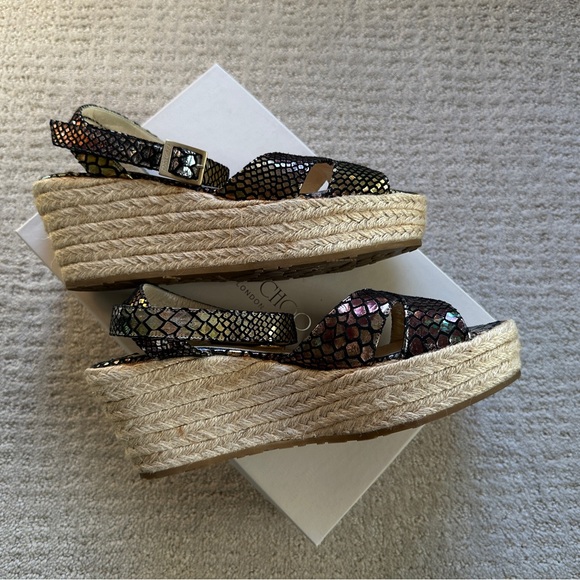 Jimmy Choo Pepper Holographic Python Leather Ankle Wrap Espadrilles Wedge Sandal - Picture 6 of 14